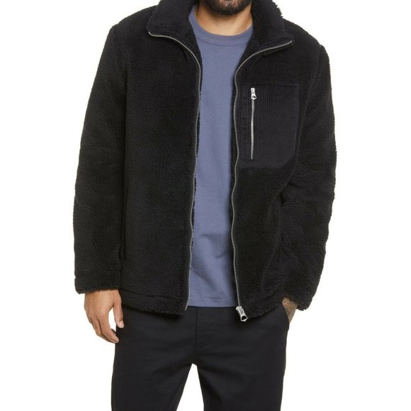 Topman Topshop Faux Fur Trimmed Bomber Jacket Zipper Cozy Fuzzy Black Mens M